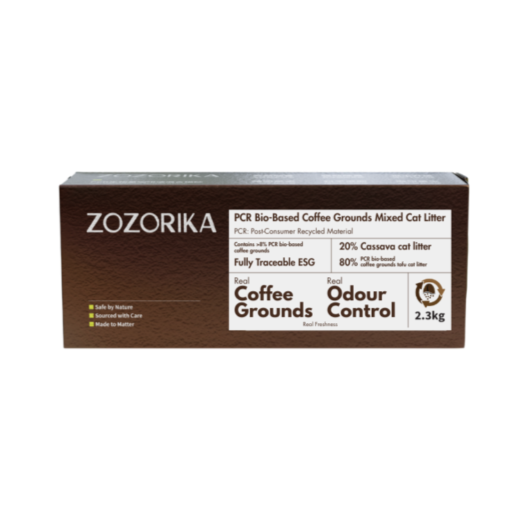 Box of Zozorika PCR bio-based coffee grounds mixed cat litter with 2.3kg weight, featuring labels promoting odour control, eco-friendliness, and safety, showing a dark brown packaging design.