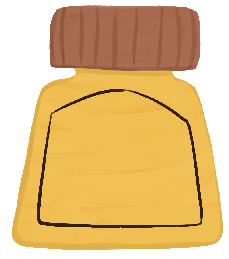 Illustration of a yellow inkpot with a round wooden lid and a black outline of a pocket or label on the front.