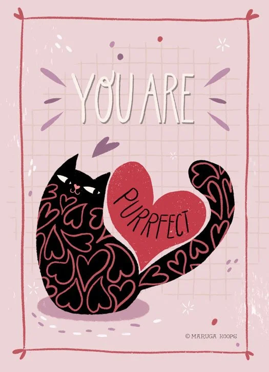 A greeting card  with pink background with a grid pattern features a black cat covered in pink heart shapes, holding a red heart with the word 'PURRFECT' written on it. Above the cat, in large white letters, are the words 'YOU ARE'.