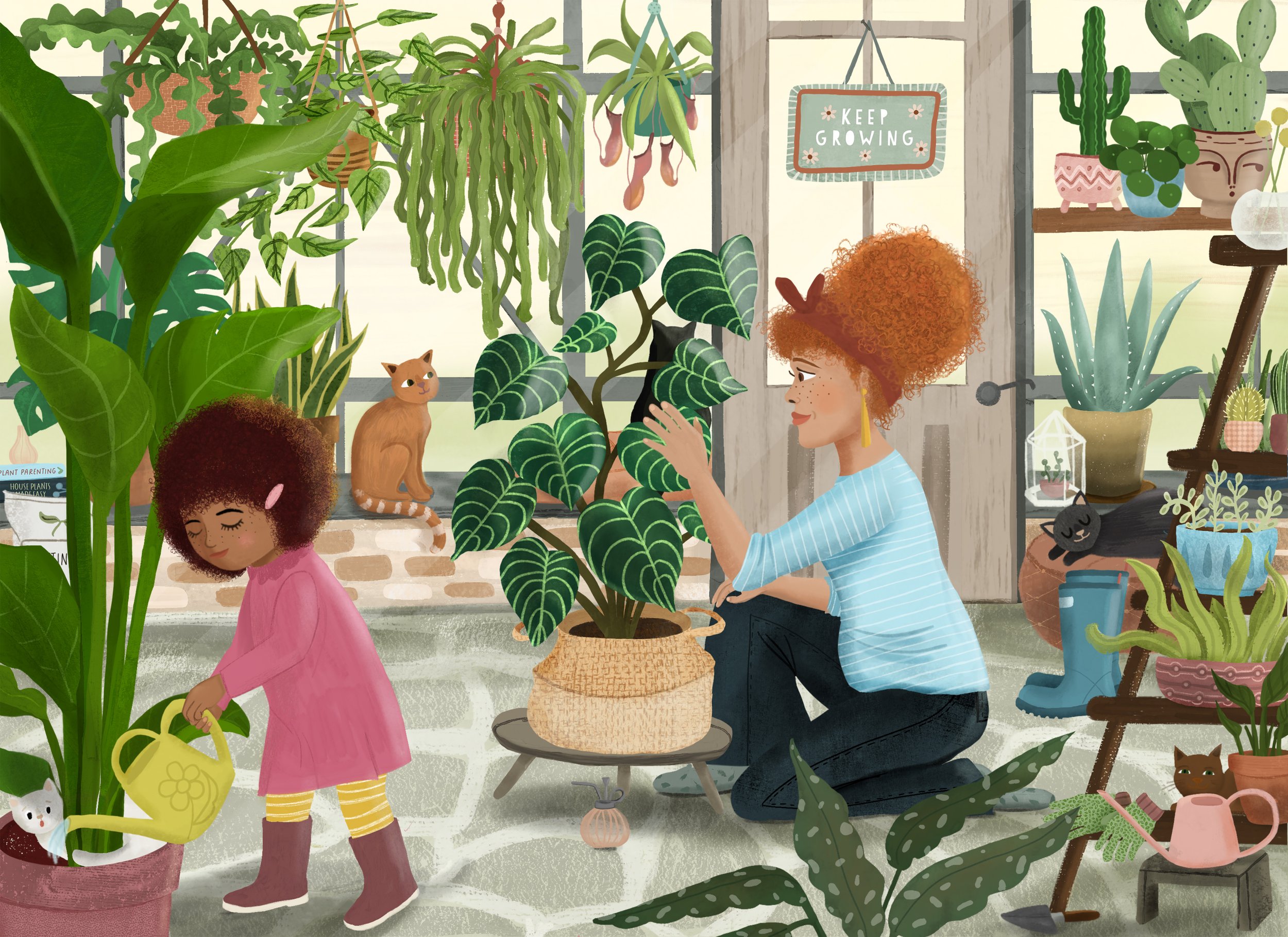 illustration plant shop with mother and daughter