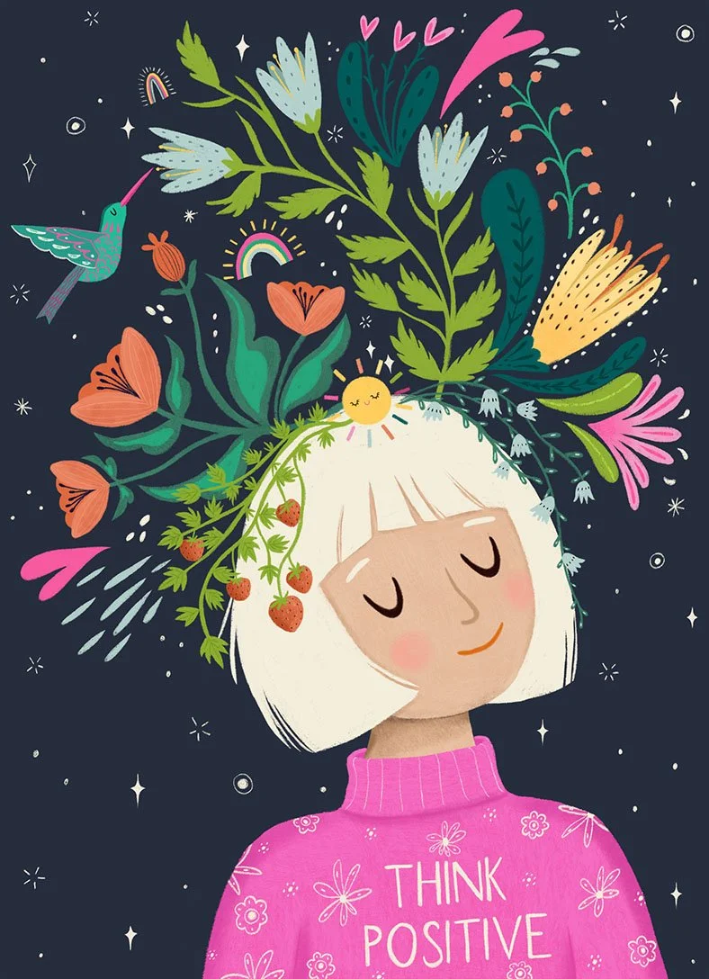 An illustration of a girl with short white hair wearing a pink sweater with 'Think Positive' text. Her head is surrounded by colorful flowers, strawberries, a small smiling sun, a rainbow, and a hummingbird, all set against a dark, starry background.