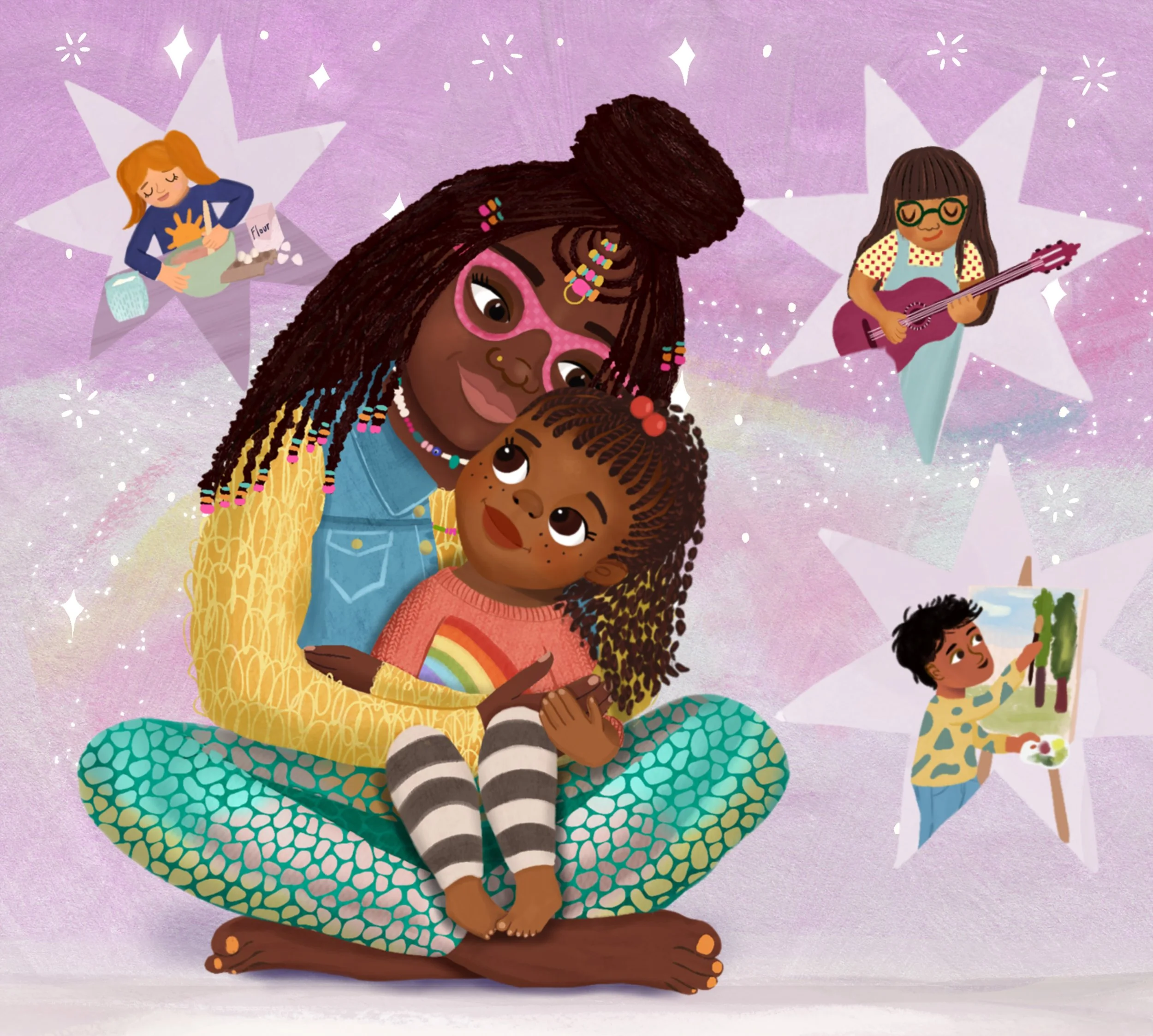 An illustration of a woman with glasses and colorful hair sitting cross-legged with a young girl on her lap, both looking at each other lovingly. The woman wears a yellow patterned sweater and green patterned pants, while the girl wears a coral pink 