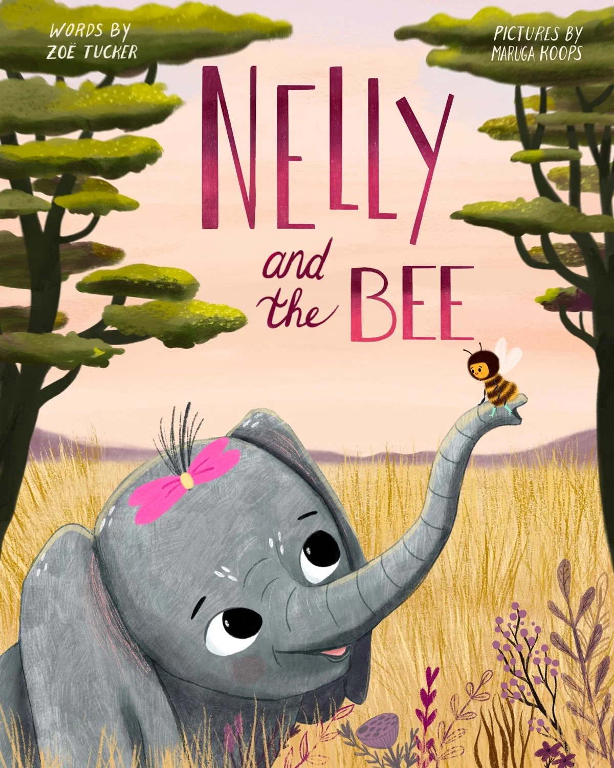 Illustration of an elephant with a pink bow on its head and a bee on its trunk, set in a grassy field with trees and wildflowers, with the title 'Nelly and the Bee'