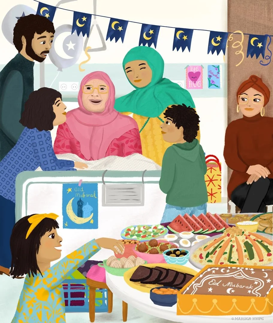 Illustration of a Family celebrating Eid with a decorated table of food, gifts, and Muslim-themed decorations in the background.