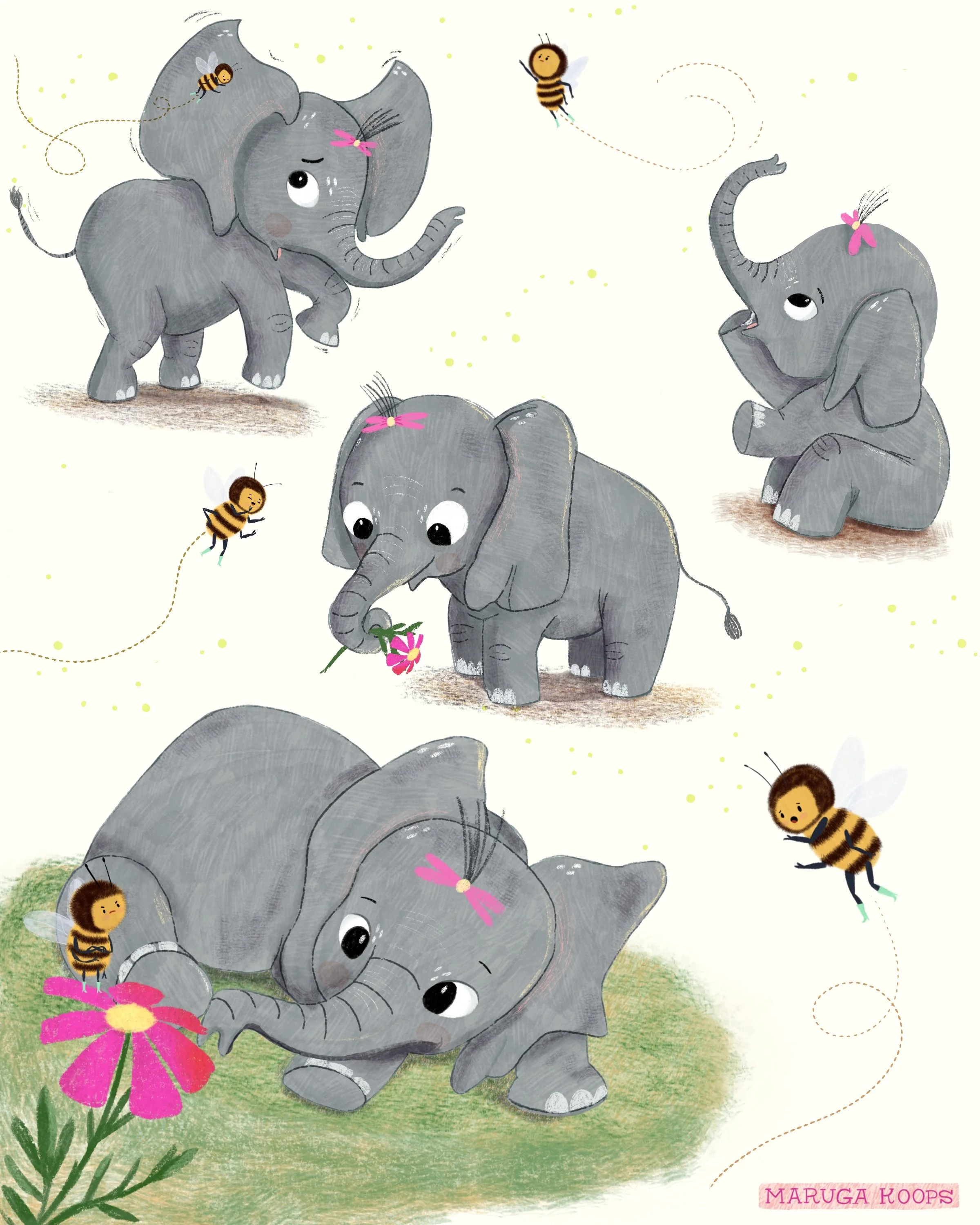Illustration of four cute elephants and four bees interacting outdoors, with flowers and green grass.