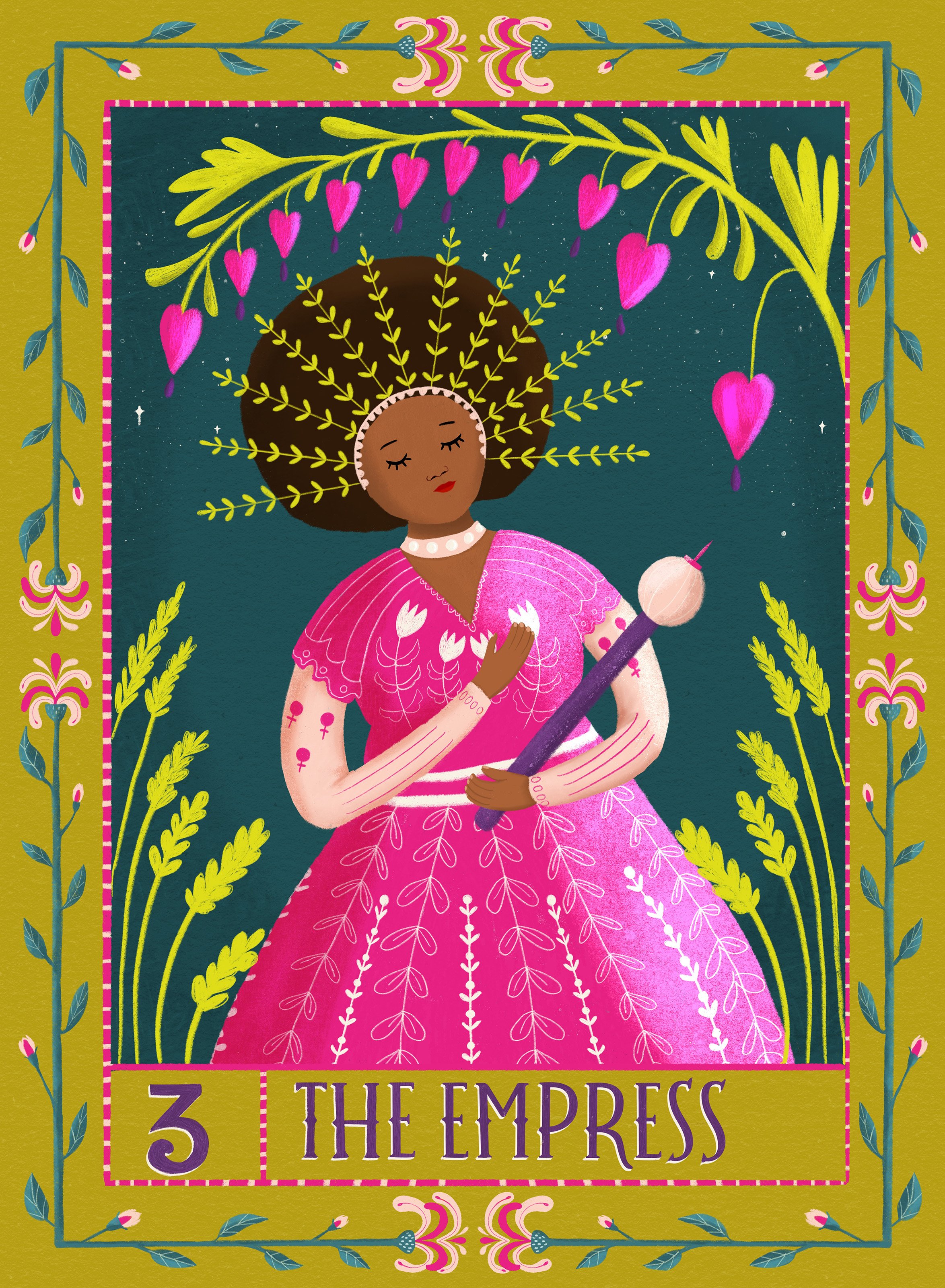 Tarot card illustration of The Empress, featuring a woman with a leafy crown holding a scepter, surrounded by floral and nature motifs in vibrant colors.