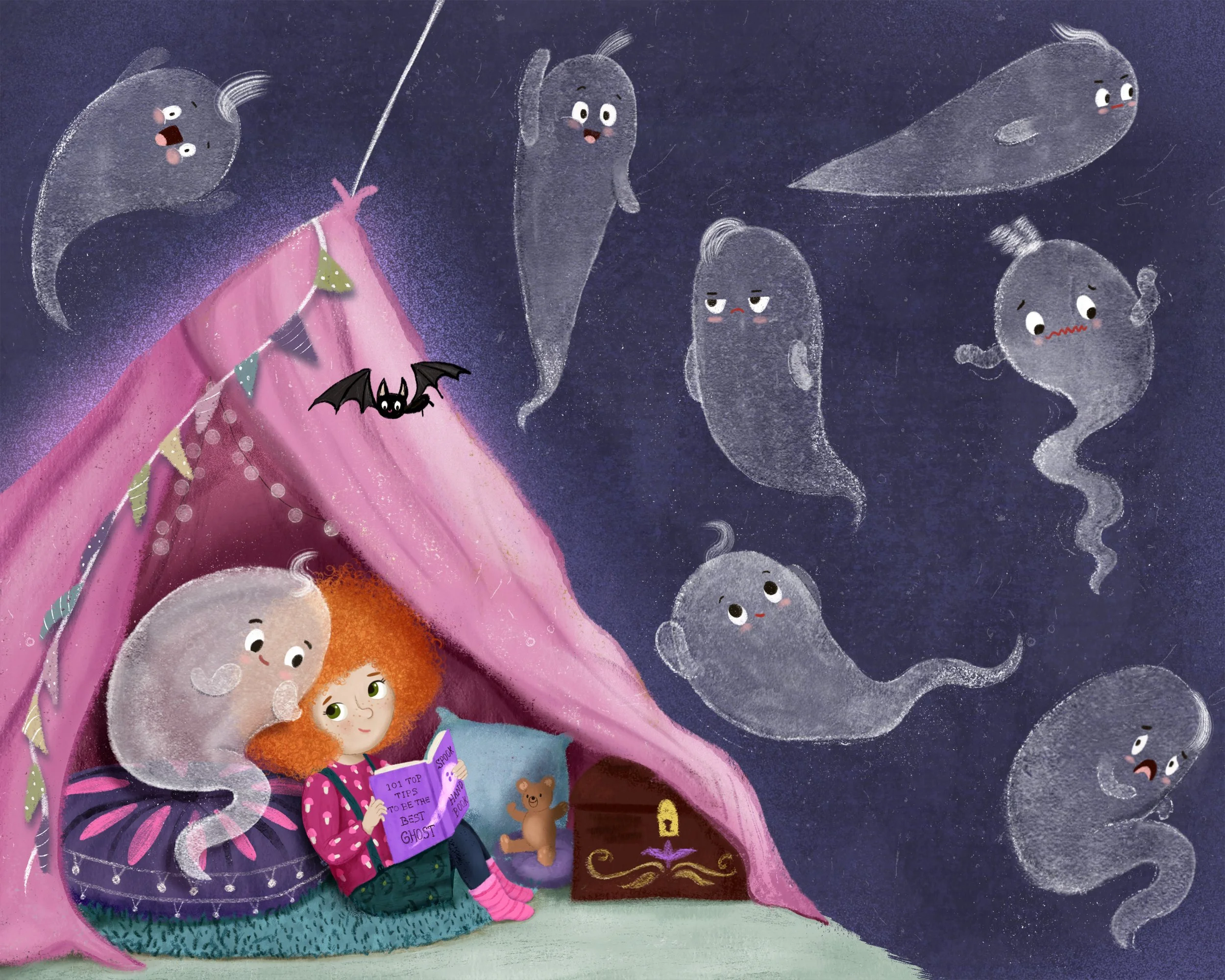 A young girl with curly red hair and green eyes is sitting in a pink tent, reading a book titled '101 Top Tips to be the Best Ghost.' She is wearing a pink polka-dotted top, dark pants, and pink striped socks. A friendly gray ghost is sitting beside 