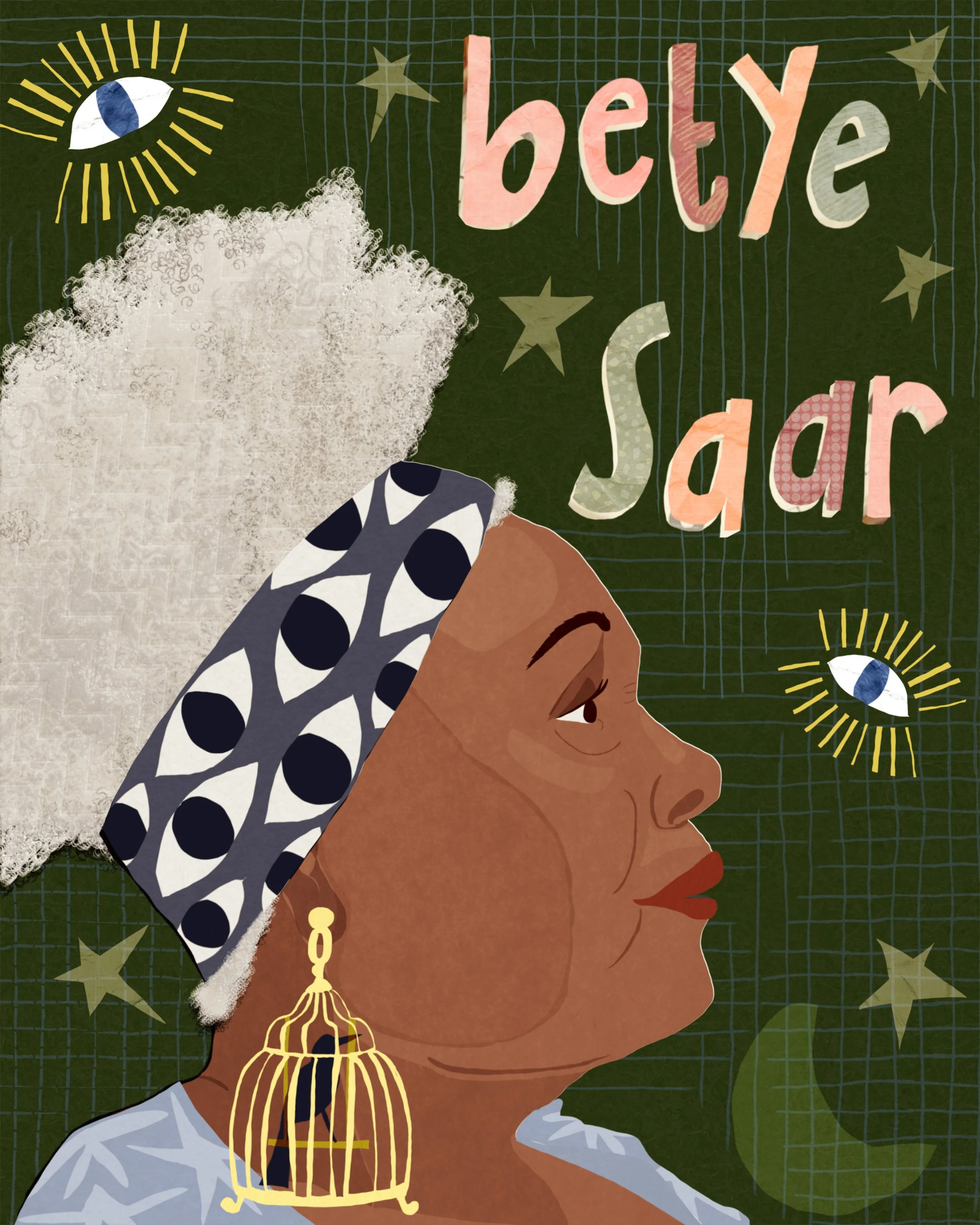 An illustrated portrait of a woman with dark skin, wearing a black and white polka dot headscarf, gold earrings shaped like cages, and red lipstick. The background is dark green with doodles of stars and an eye design, and the text 'bety s T a r' in 