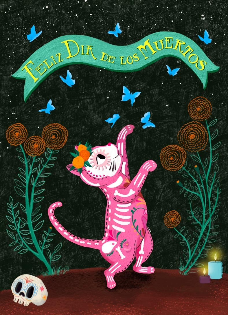 Colorful illustration for Día de los Muertos with a pink cat skeleton wearing a flower crown, surrounded by blue butterflies, orange flowers, and candles, with a black background and the message 'Feliz Día de los Muertos' in a green banner.