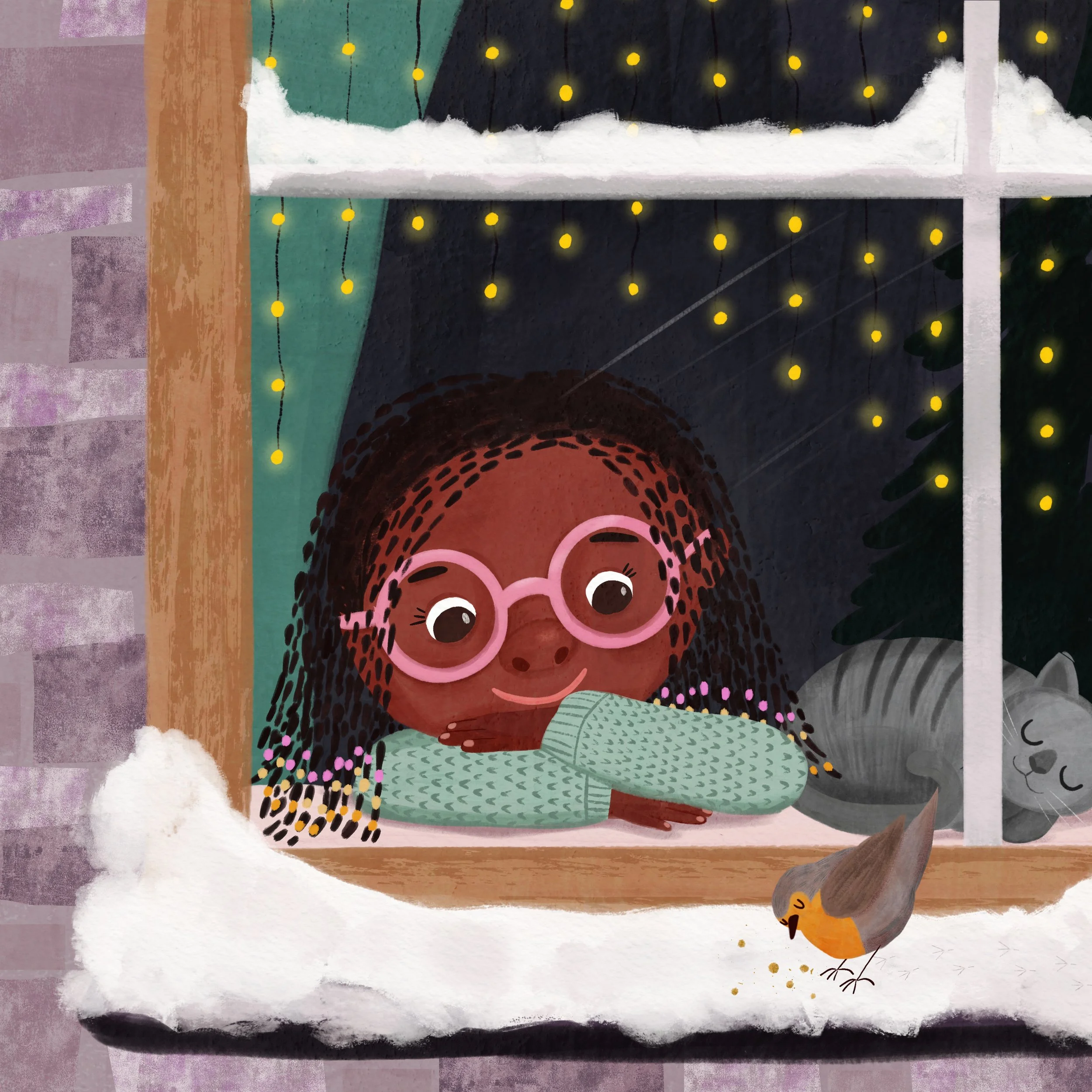 Illustration of A girl with dark skin and long braided hair, wearing pink glasses and a mint green sweater, looks out a snowy window with Christmas lights. A gray cat sleeps nearby, and a small bird is on the snow, pecking at crumbs.