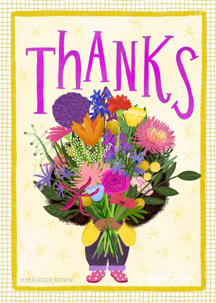 Colorful birthday card with the words 'Thanks' and a person holding a bouquet of various flowers.