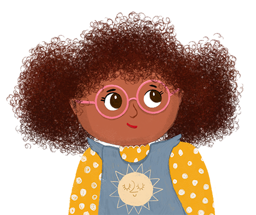 Cartoon girl with curly brown hair, pink glasses, and a yellow polka-dot shirt with a sun design, wearing a denim vest.