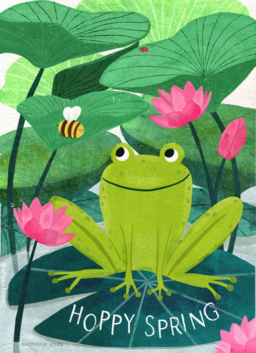  illustration of a green frog sitting among pink water lilies and green lily pads in a pond with a bee and a ladybug nearby, and the text 'HOPPY SPRING' at the bottom.