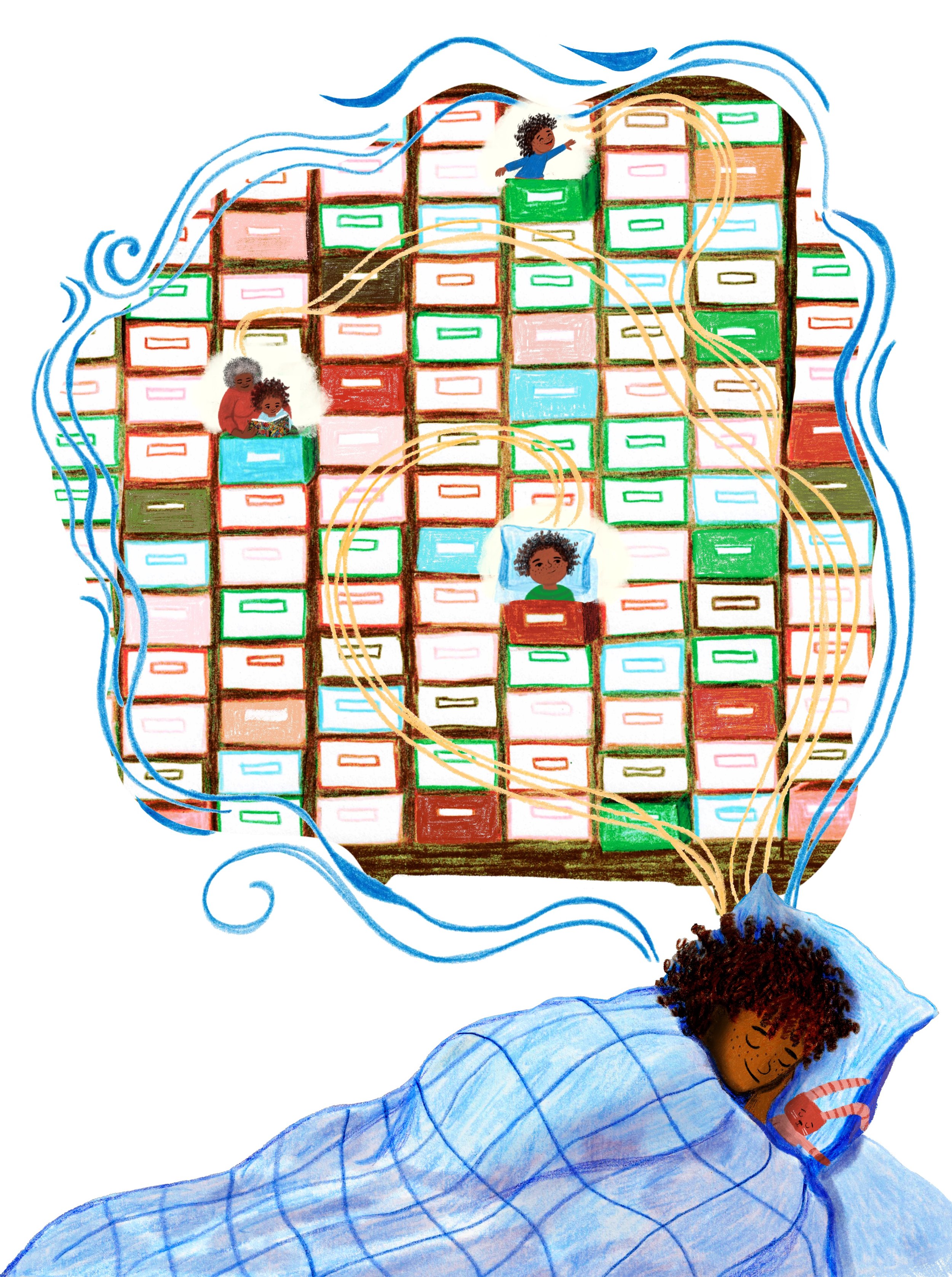 Illustration of a boy sleeping in bed with a dream bubble showing a colorful scene of a closet with drawers, some reaching or interacting with each other, symbolizing a vivid dream.