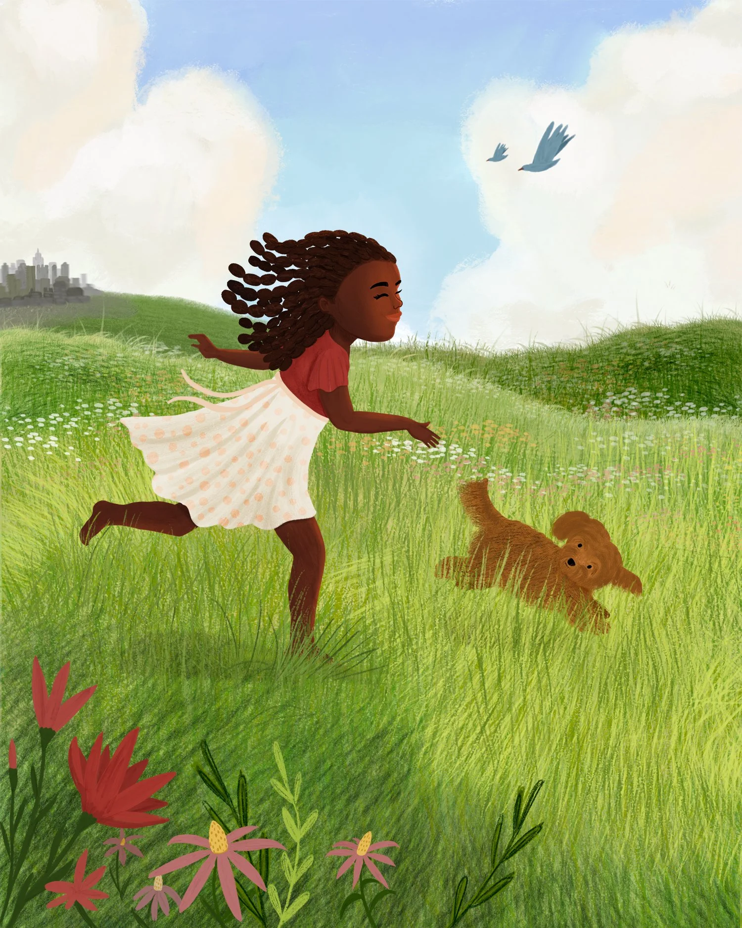 Illustration of a girl with curly hair running in a grassy field with a dog. The background features a city skyline, a blue sky with clouds, and birds flying.