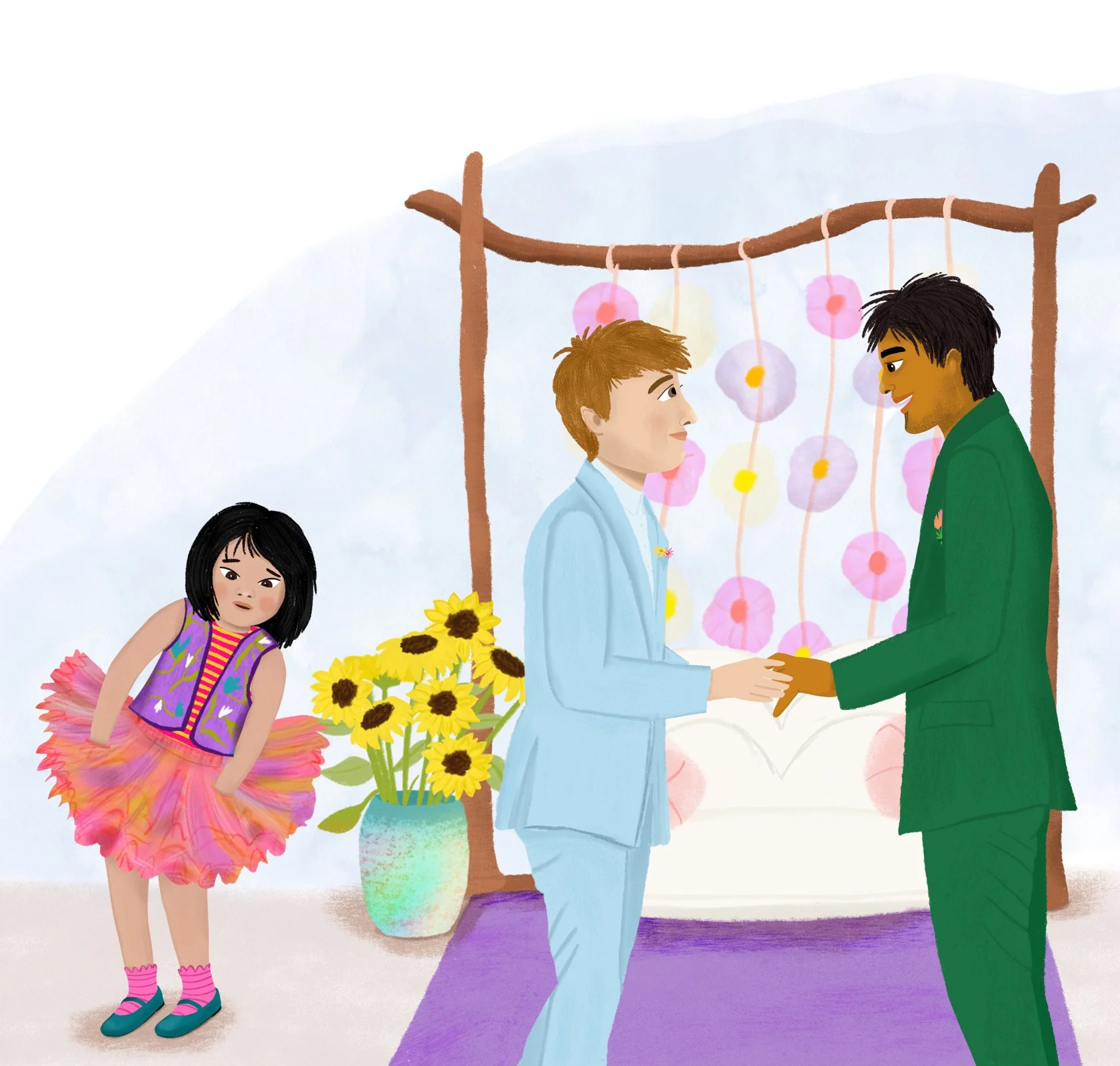 A wedding ceremony with two men holding hands, one wearing a light blue suit and the other in a green suit, with a young girl in a colorful tutu dress standing nearby.