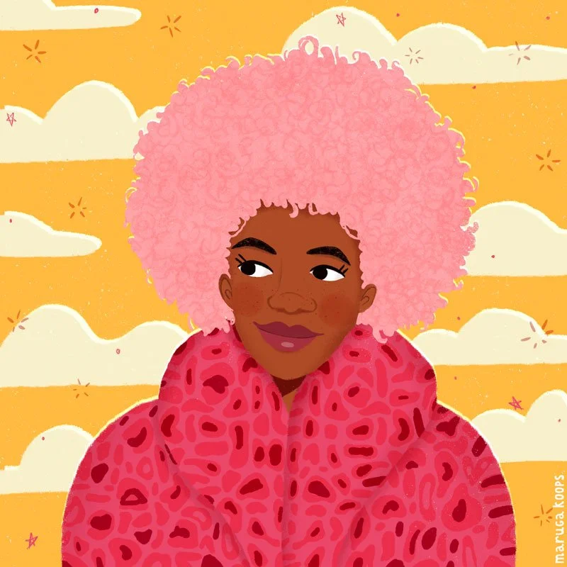 An illustration of a woman with dark skin and pink, curly hair wearing a pink patterned coat, against a background of yellow with clouds and small stars.