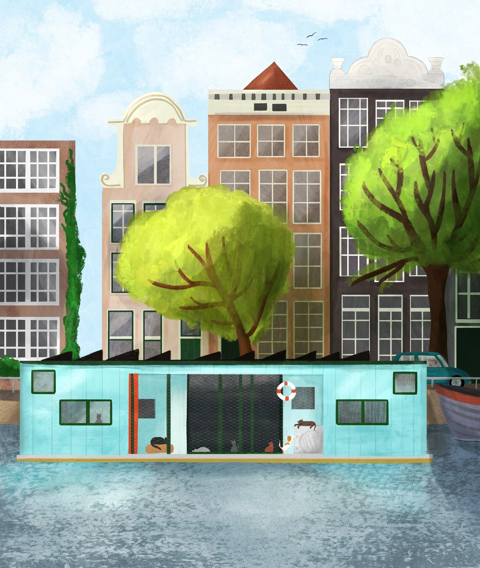 A digital illustration of an urban scene with a floating house on water, surrounded by trees and buildings with large windows, under a bright sky with birds.