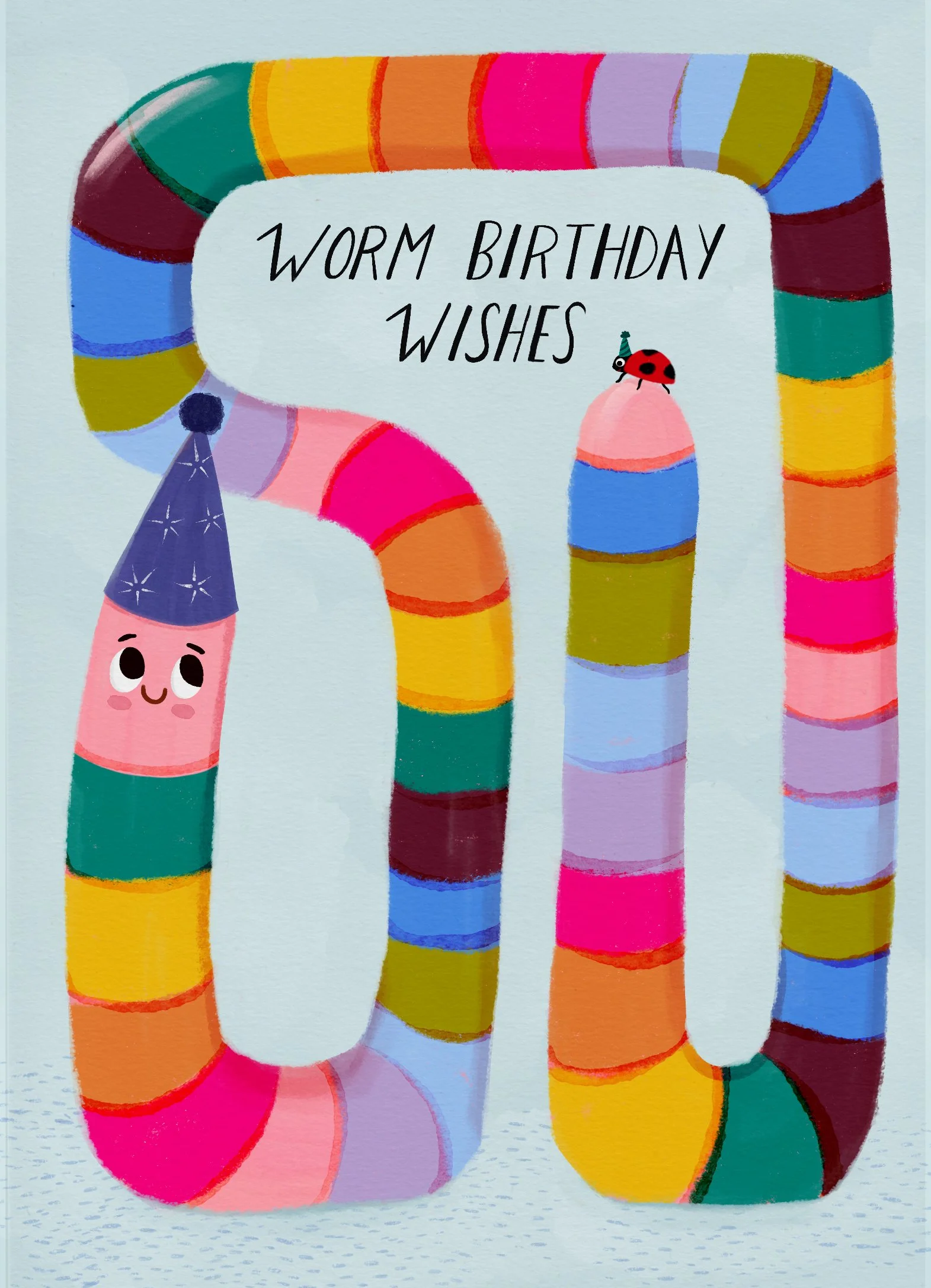 Greeting card illustration of a colorful worm wearing a party hat with star pattern, and a small ladybug on top. Inside the worm, a speech bubble reads 'WORM BIRTHDAY WISHES'.