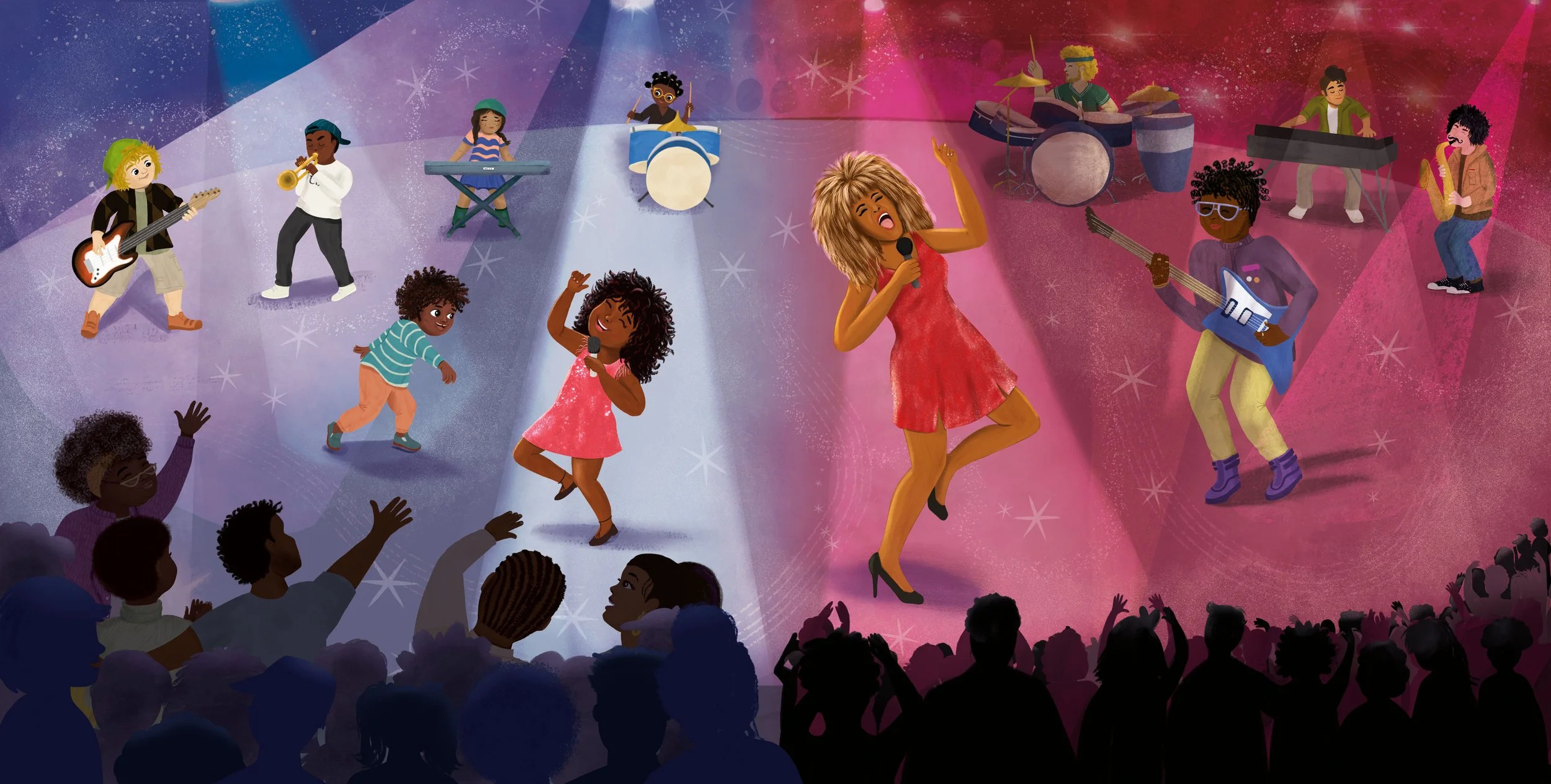 Illustrated scene of children and adults performing music and dancing on stage with colorful lighting.
