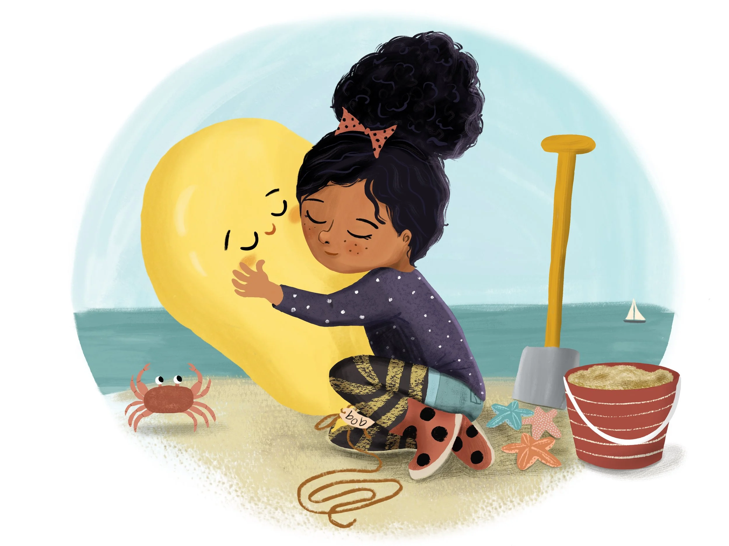 Illustration of a girl hugging a smiling balloon on a beach, with a crab, starfish, a bucket of sand, a shovel, and a sailboat in the background.