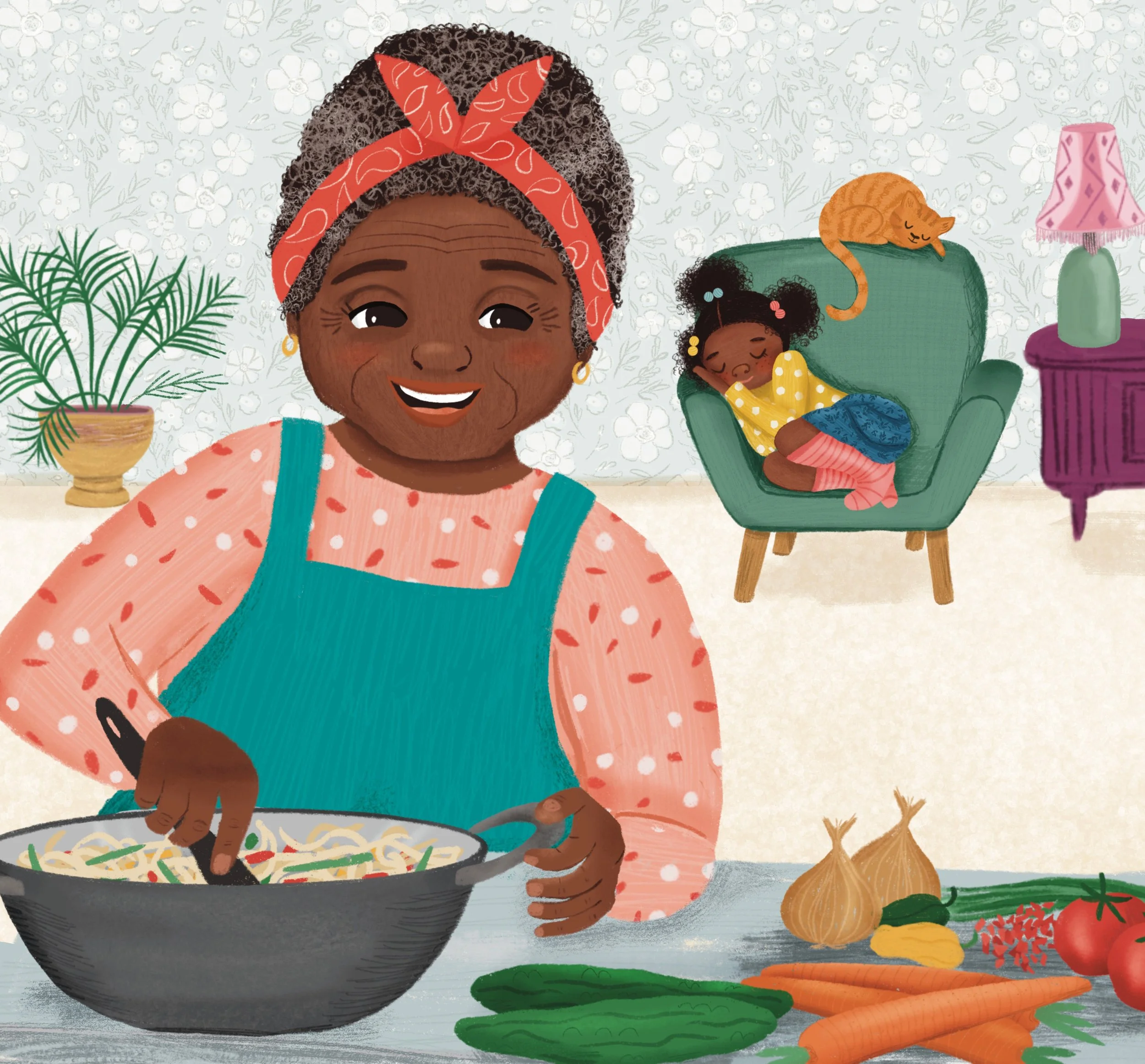 An elderly woman cooking pasta in a kitchen, smiling at the camera, with a young girl sleeping in a green armchair in the background, a cat on her lap, and vegetables on the counter.