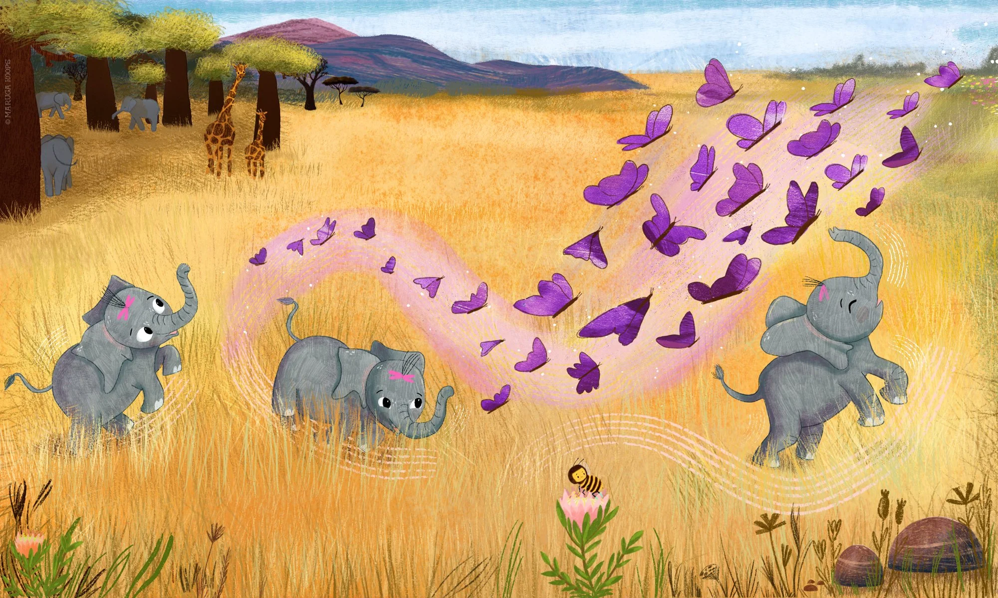 A colorful illustration of three elephants with pink markings on their heads in a grassy savannah, baby elephants are playing among purple butterflies, with a small bee on a pink flower in the foreground. In the background, there are trees and giraff