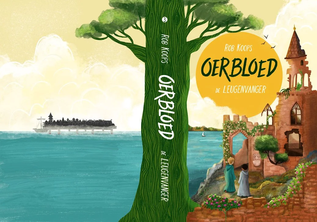 Book cover with a large green tree in the center, overlooking a body of water with a ship and a small sailboat. To the right, a brick structure with ivy, two people in robes, and flowers. The title reads "Oerbloed" by Rob Koops and "de Leugenvanger."