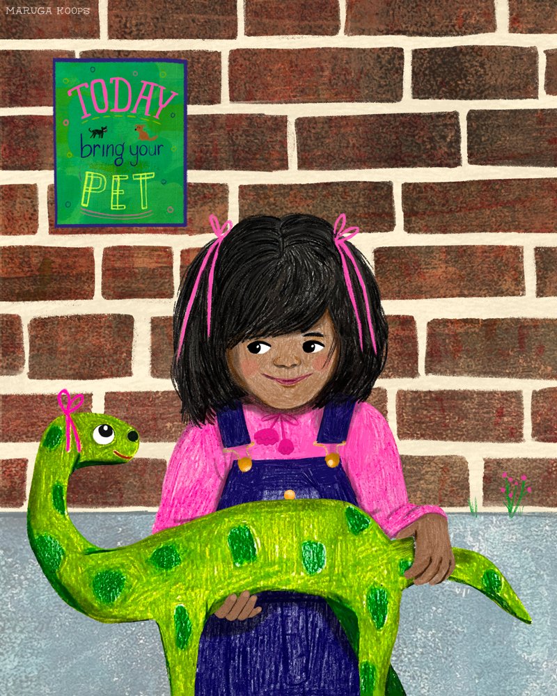 Illustration of A girl with black hair and pink ribbons, wearing a pink shirt and purple overalls, holding a green dinosaur with dark green spots, standing in front of a brick wall. A colorful sign on the wall says "Today bring your pet."