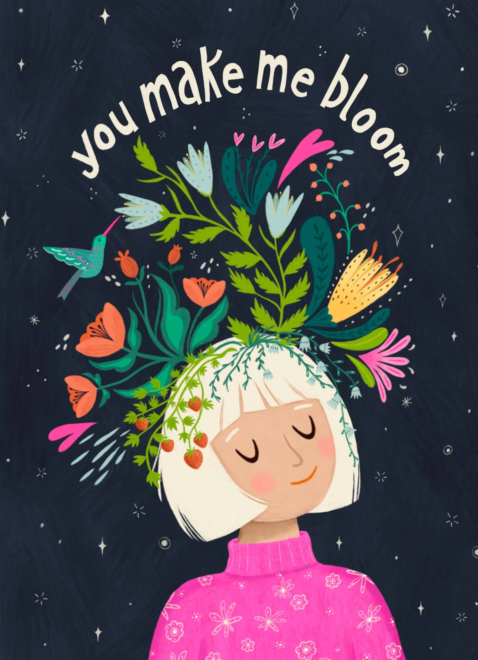 An illustrated girl with white hair, closed eyes, and a pink sweater. Her hair is depicted as blooming with various colorful flowers, leaves, and a hummingbird, against a dark background with small stars. The text above her reads, 'you make me bloom'