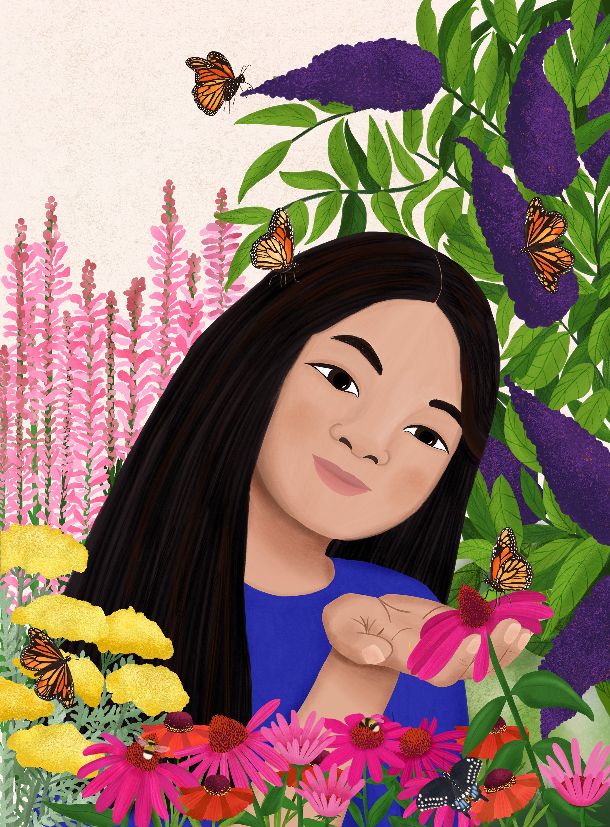 A portrait illustration of Olivia Nienaber, surrounded by colorful flowers and butterflies in a garden setting.