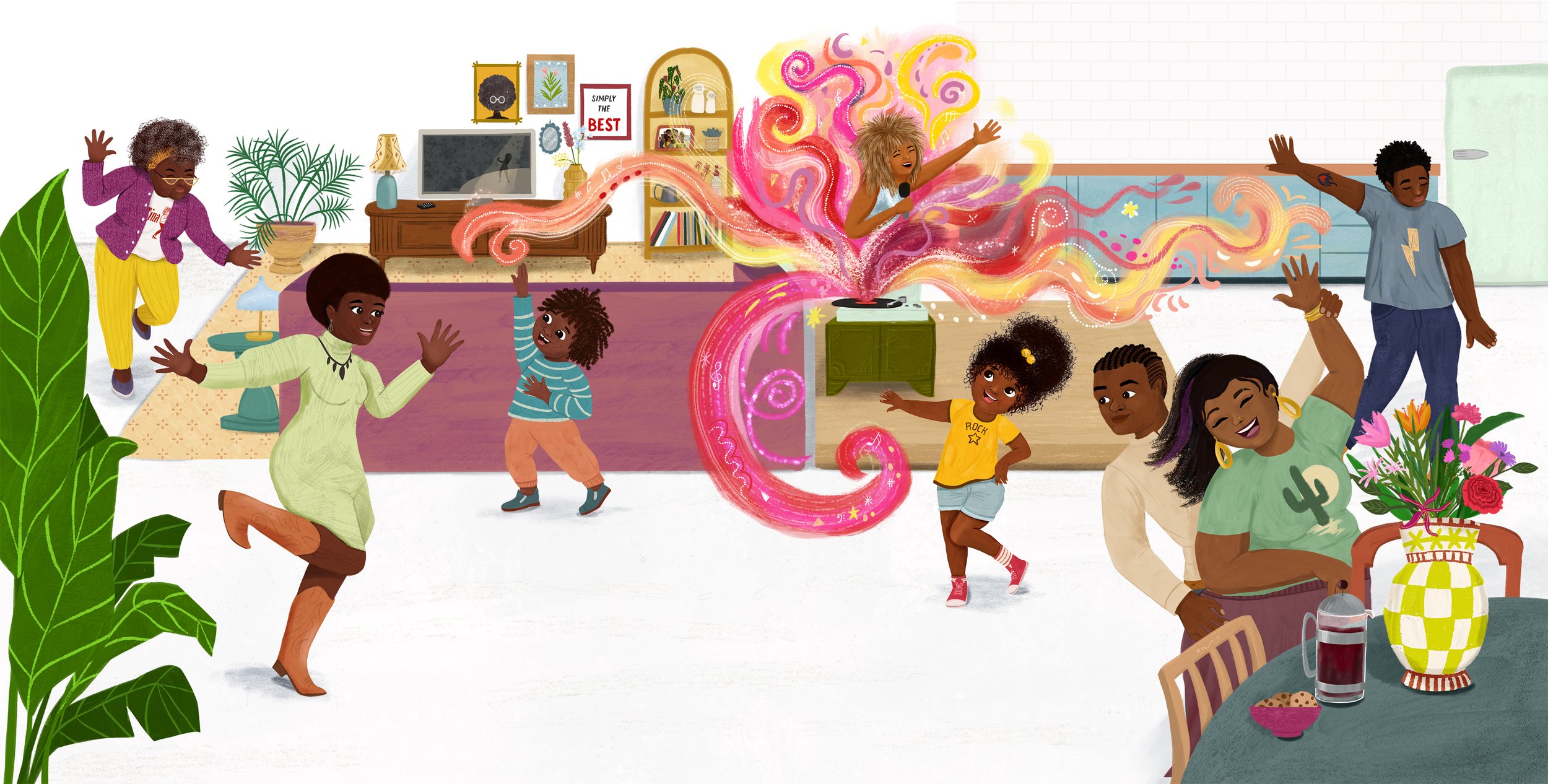 A lively indoor party scene with several children and women dancing, singing, and enjoying, with a woman singing into a microphone and colorful swirling magical effects emanating from it. The room has plants, a table with flowers, a TV, and various d