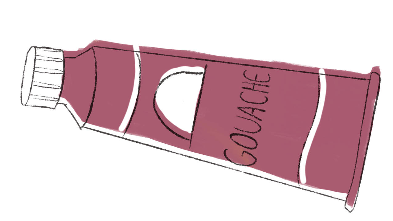 An illustration of a tube of Gouache with a black cap and a partially visible black circle on the front.