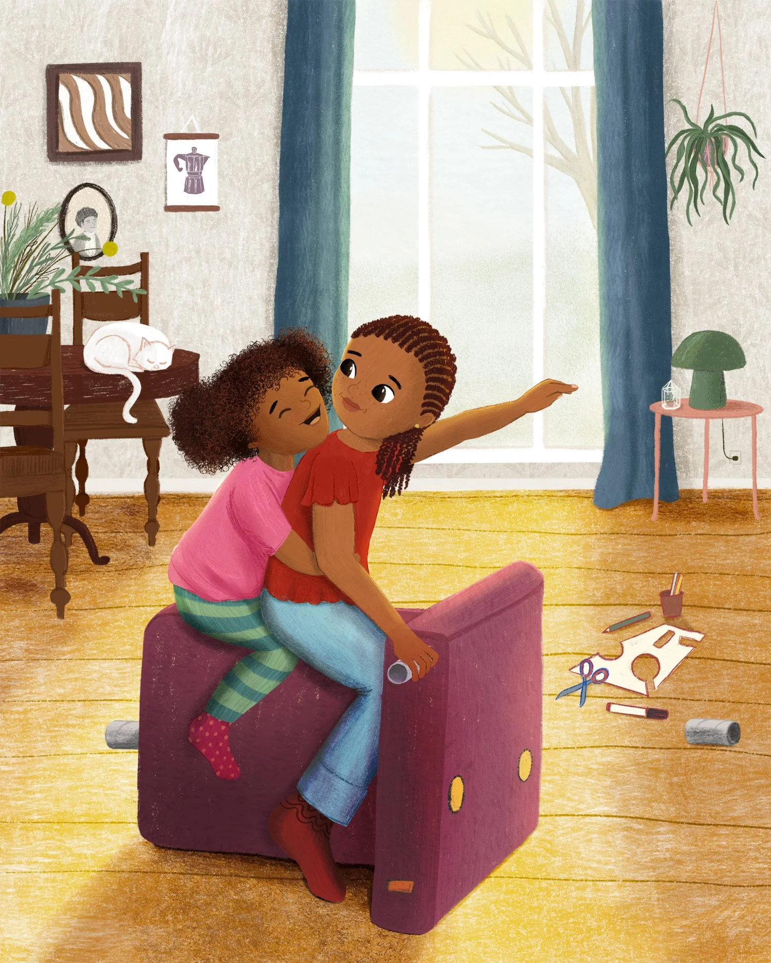 Illustration of two young girls are sitting on a pink cushions in a bright living room, with one girl pointing outside as they smile. There are scattered craft supplies on the floor, and a white cat sleeping on a chair in the background.