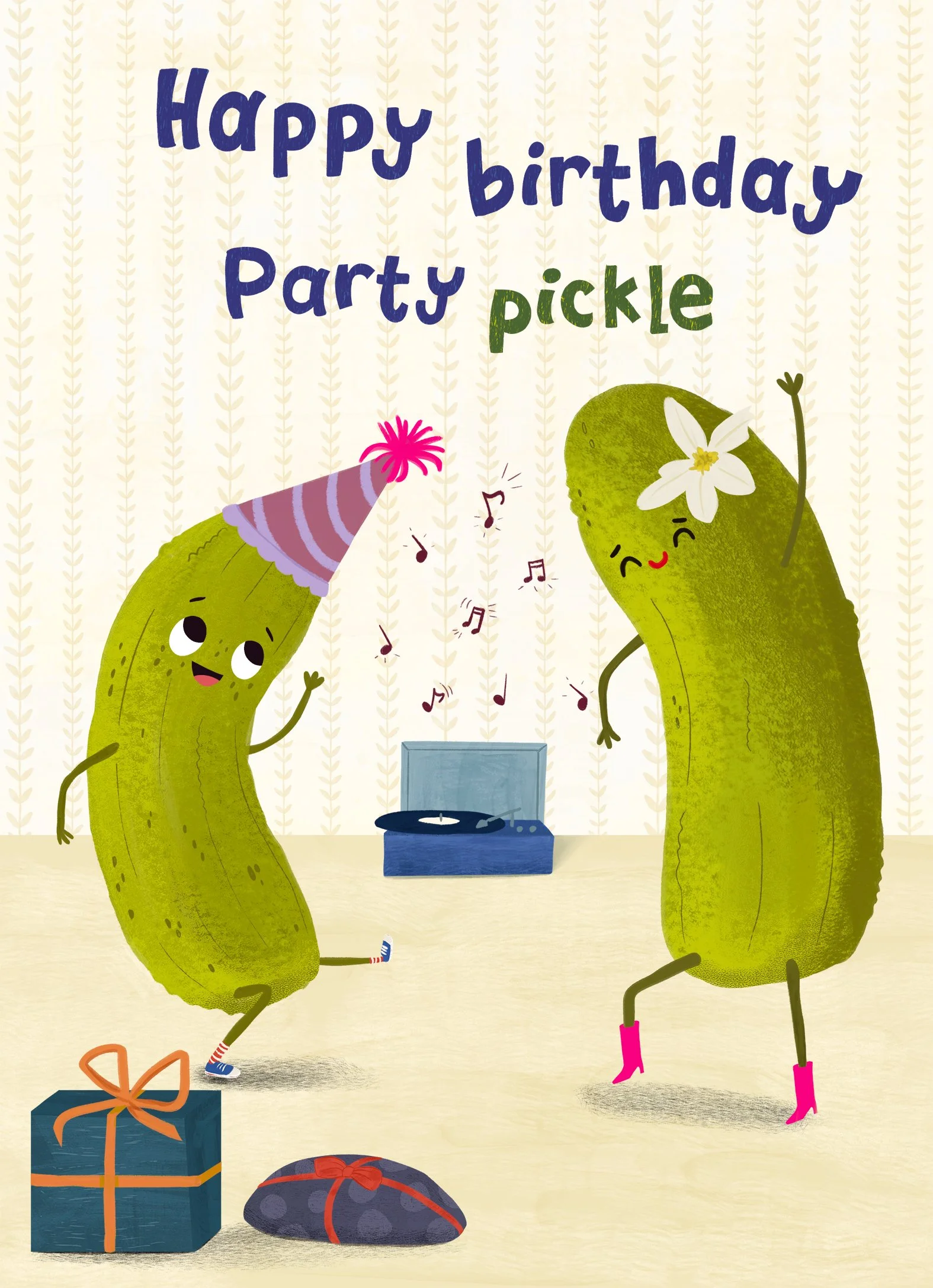 Greetingcard illustration of two pickles at a birthday party, dancing and celebrating with a birthday hat, a flower, and pink boots, with a record player in the background and presents on the floor. The text reads "Happy birthday Party pickle."