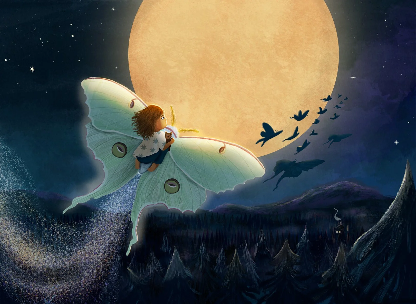 Magical nightscene with giant Luna moth carrying a child