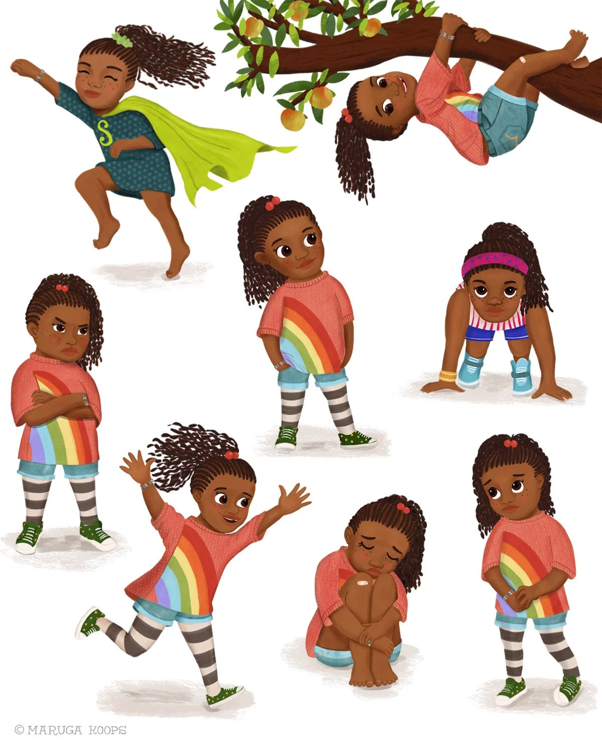 illustration of a girl with curly hair in various poses and expressions, wearing colorful clothing including rainbow shirts, striped leggings, and sneakers.