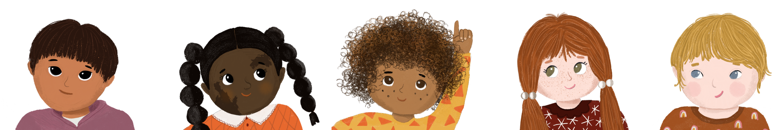 Six children of diverse ethnicities standing in a row, smiling and looking to the side.