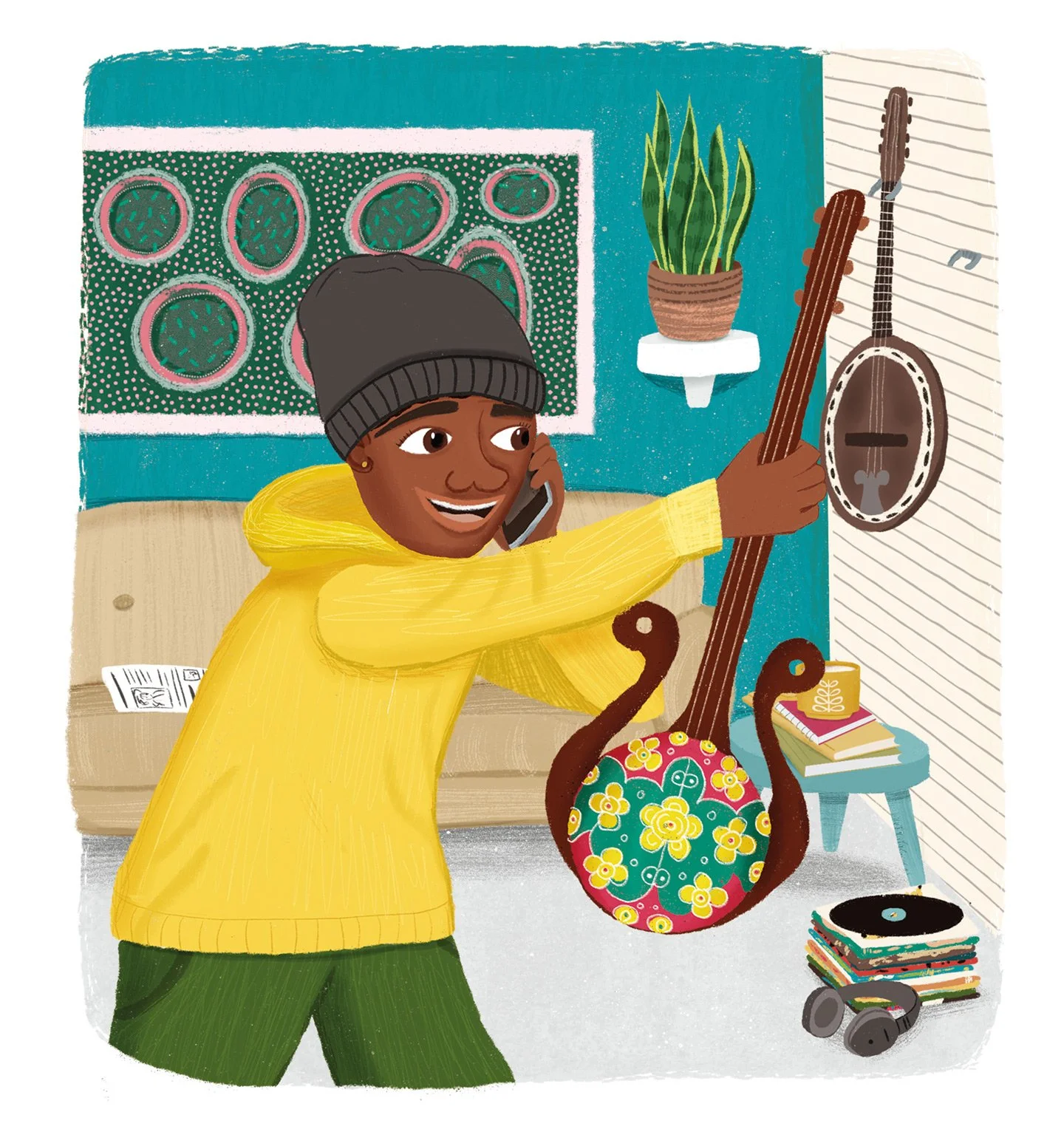 A young person in a yellow hoodie and beanie talking on the phone while holding a guitar with a floral design in a cozy room with plants, books, a vinyl record, and a stereo.