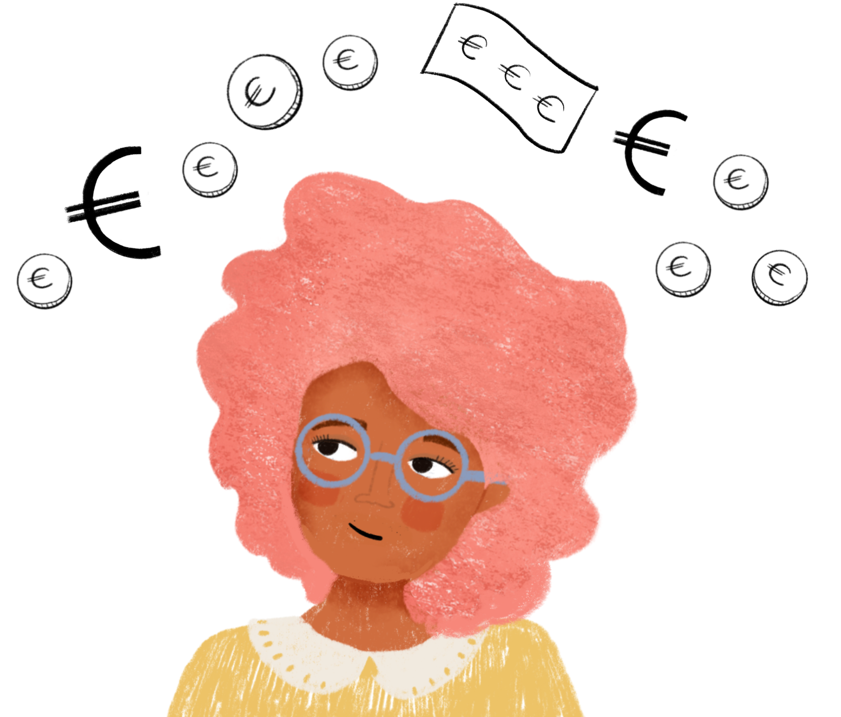 illustratie van vrouw met roze haar ze kijkt naar boven waar euro geld en euro teken boven haar zweven