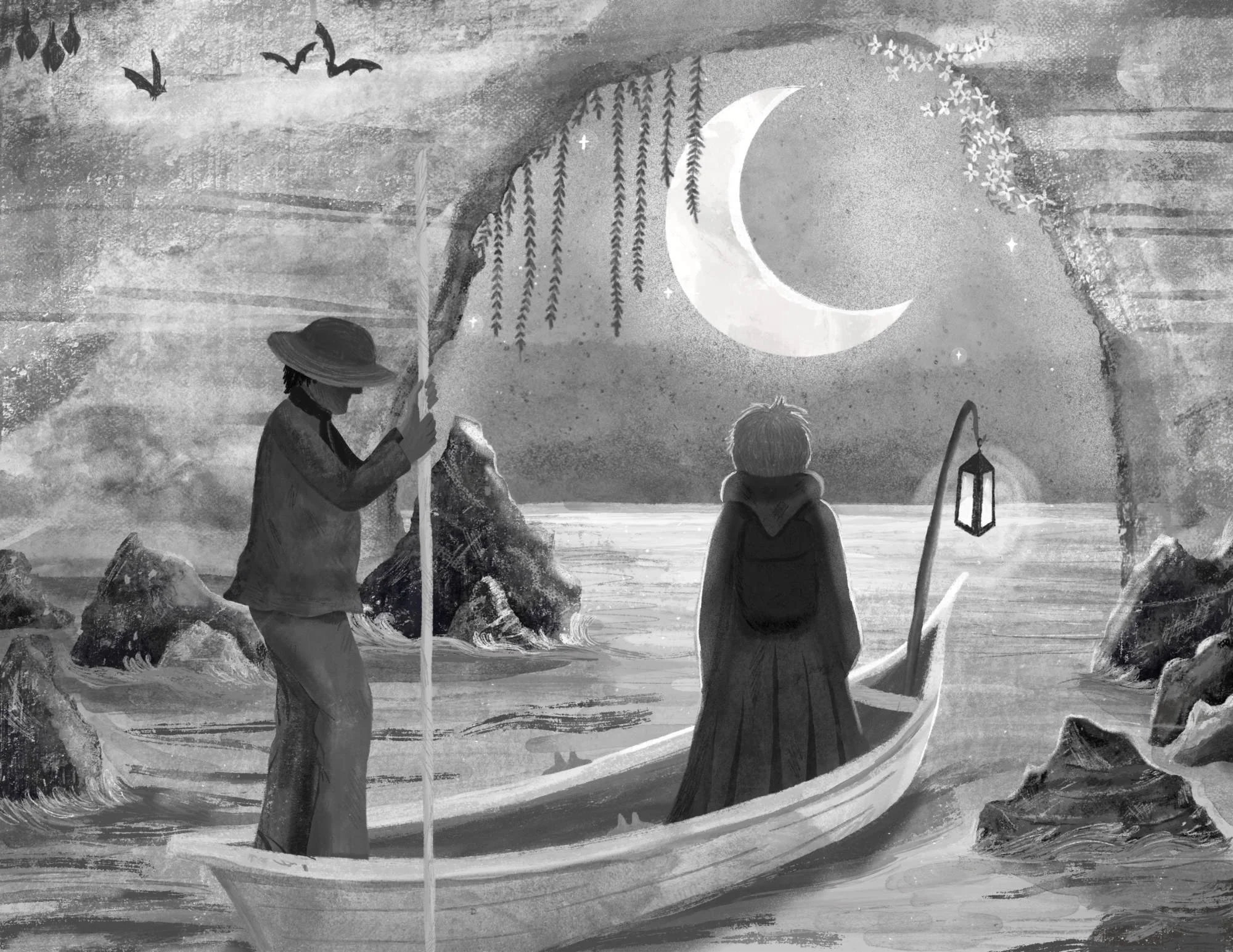 A person in a boat in a cave watching  a crescent moon, with rocks and water around, and bats flying in the sky.