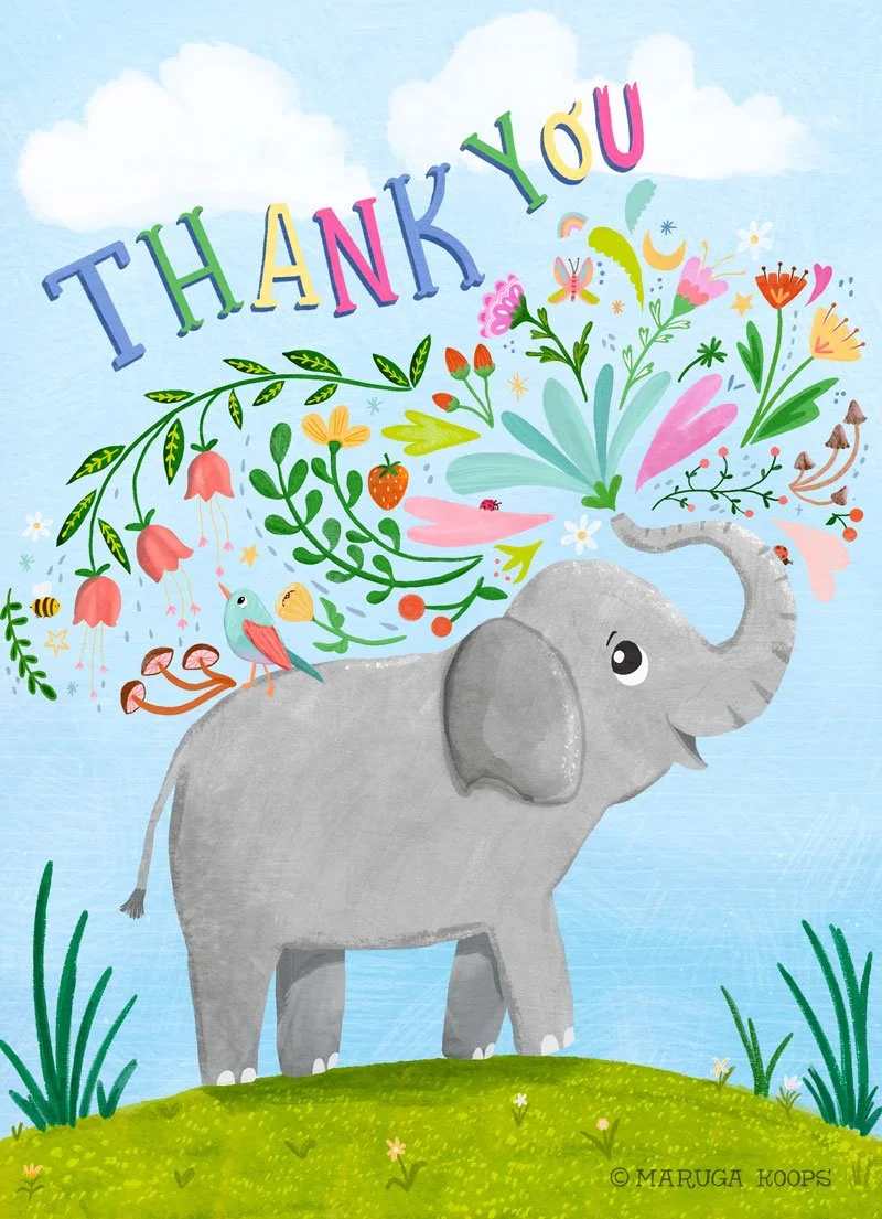 Colorful illustration of a smiling elephant with a floral and bird decorated trunk, with the text "Thank You" above, on a grassy hill with a blue sky background.