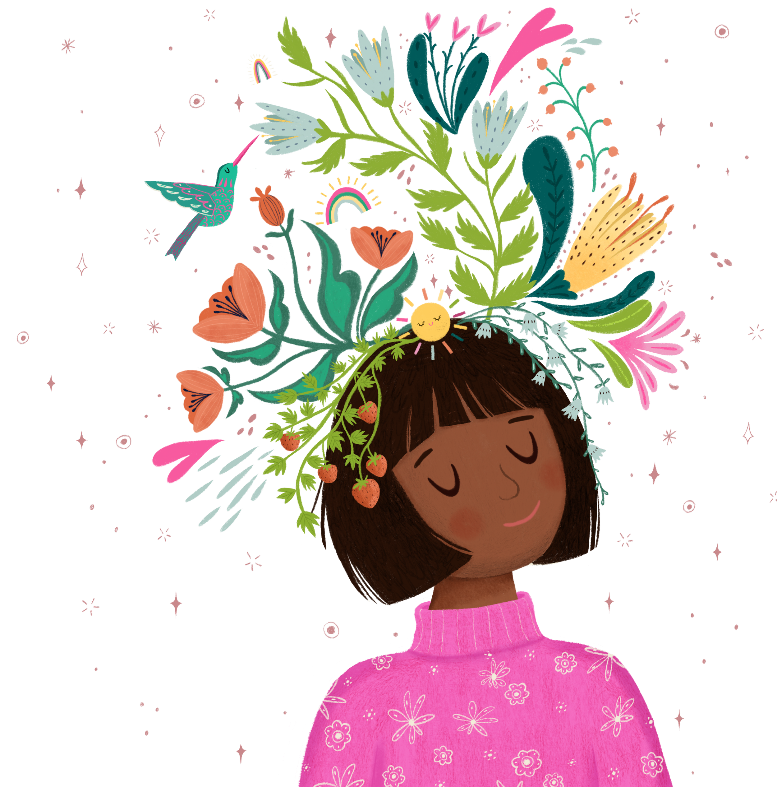 A girl with short brown hair and a pink sweater with white flower patterns has her eyes closed and a peaceful expression. Above her head, there is a vibrant, whimsical arrangement of colorful flowers, leaves, a smiling sun, hearts, a rainbow, and a hummingbird, creating a dreamy and imaginative atmosphere.