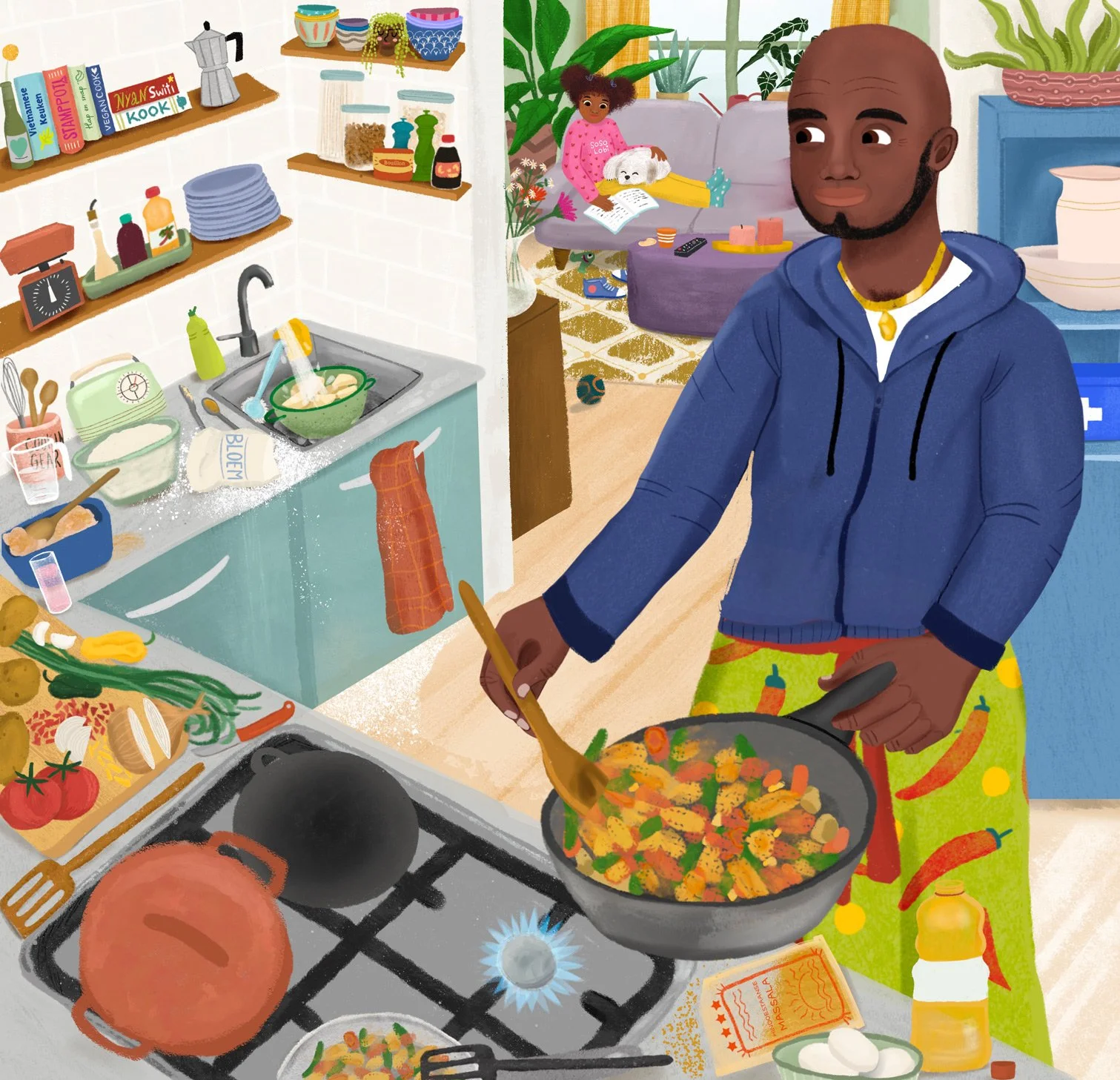 Illustration of man cooking vegetables in a frying pan in a cozy kitchen with a child sitting on a purple couch reading a book in the background, and various kitchen items and vegetables on the counter and shelves.