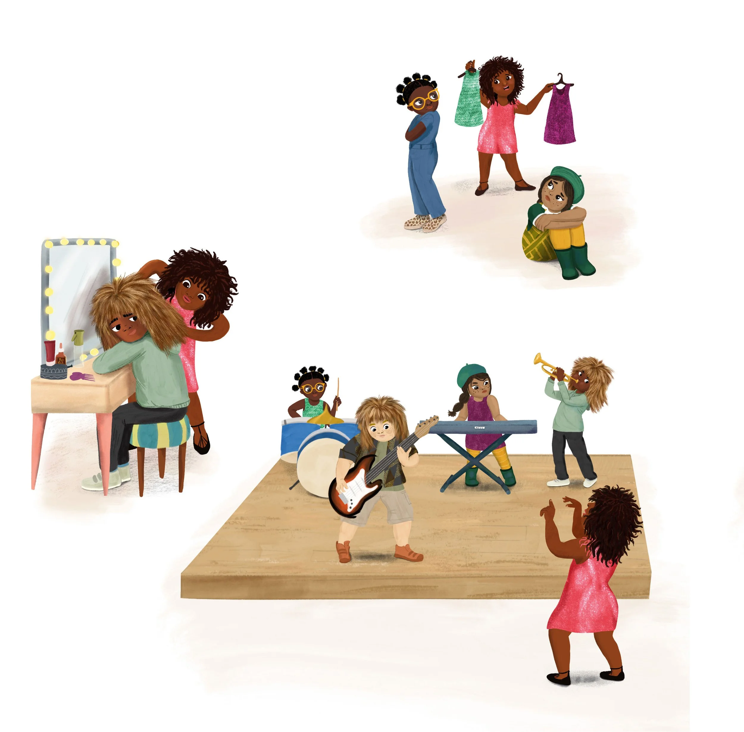 Illustration of Children engaged in activities: two girls getting ready at a dressing table, some children practicing music with a guitar, drums, keyboard, and trumpet on a stage, and other children socializing and playing.