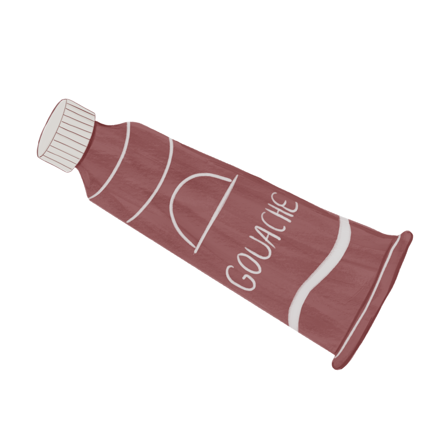 A tube of gouache paint in a reddish-bink color with a white cap and white text that reads 'GOUACHE'.