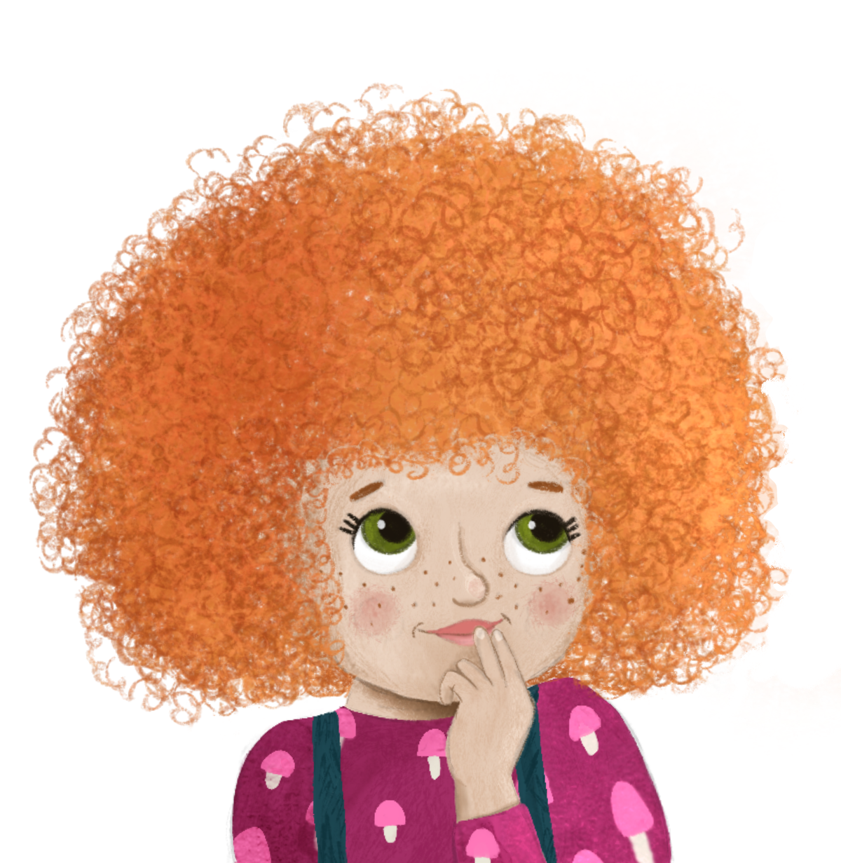 A girl with big, curly red hair, green eyes, and freckles, wearing a pink shirt with mushroom patterns and blue suspenders, has her finger on her lips in a thoughtful pose.