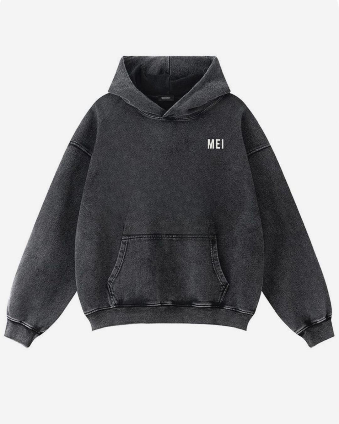 Black hoodie with the word 'MEI' printed on the upper left chest area.