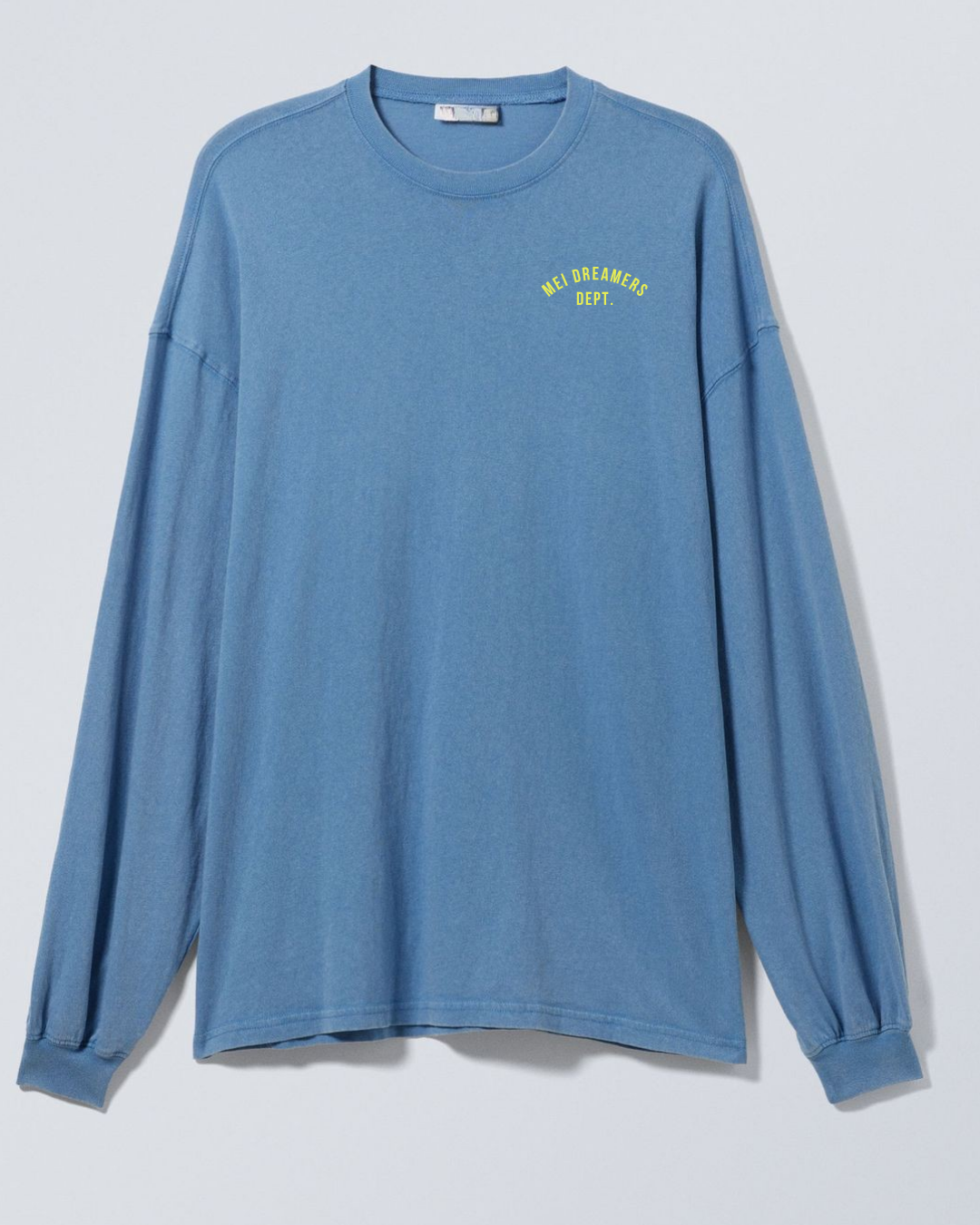 Blue long-sleeve T-shirt with yellow text that says 'MEI DREAMERS DEPT.'