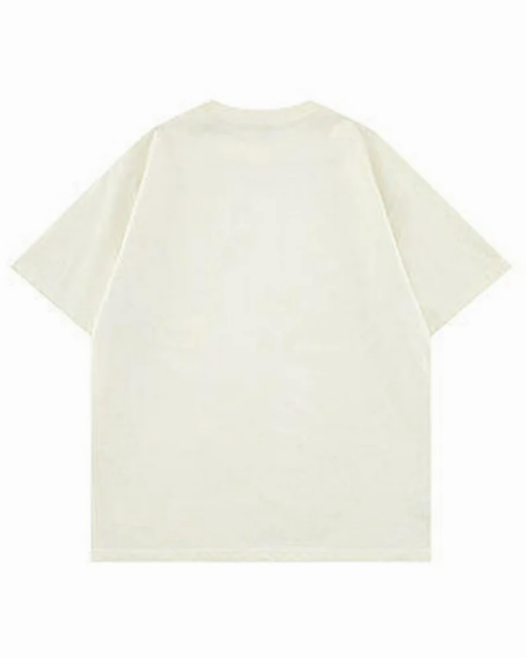 A plain off-white T-shirt with short sleeves on a white background.